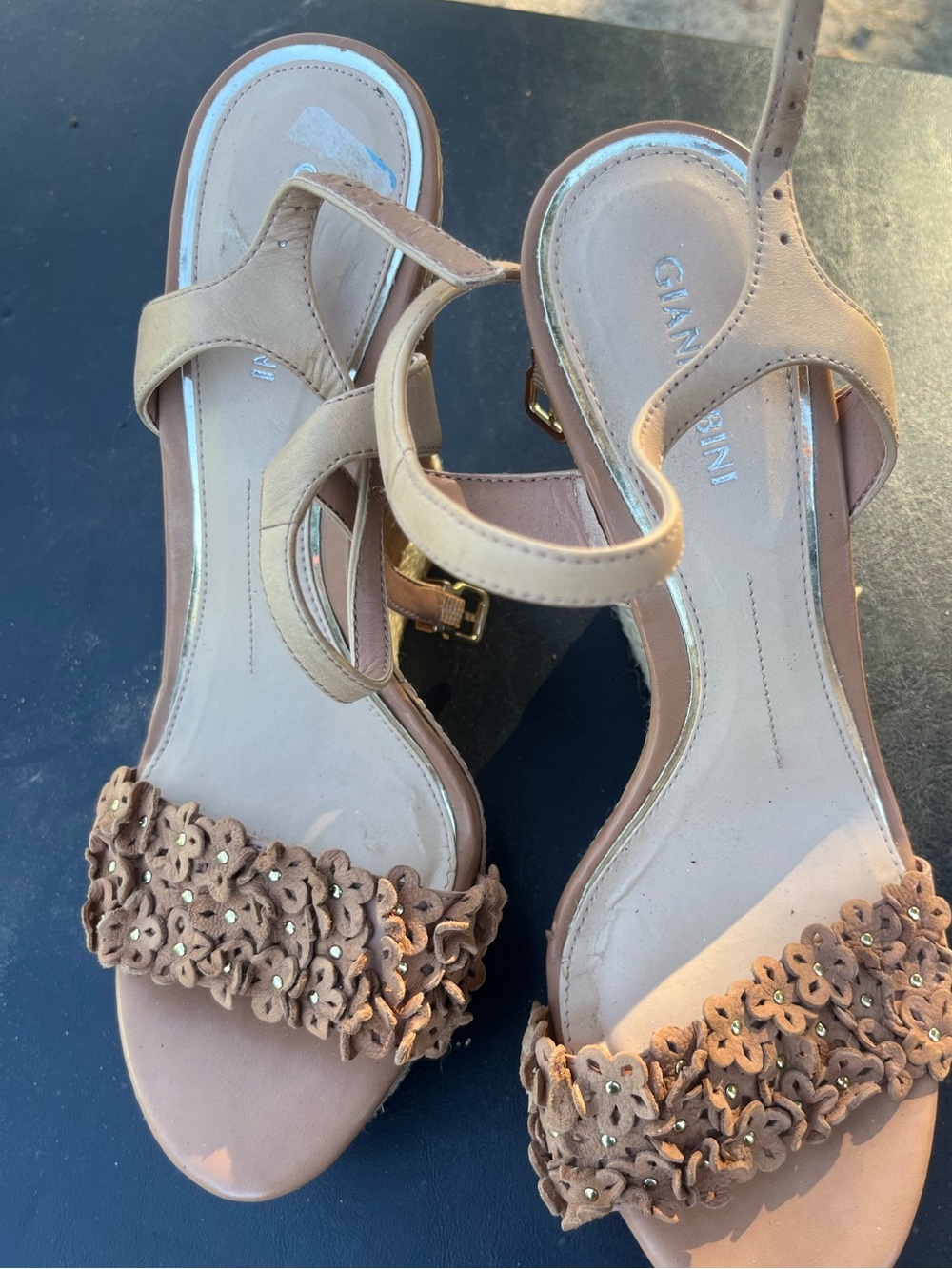 Gianni Bini Beige Floral Sequin Strap Heels